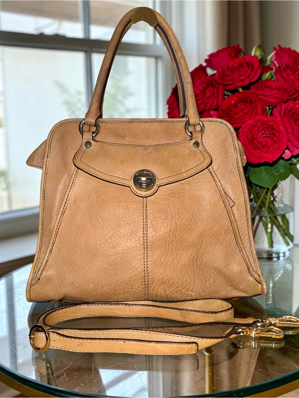 Karen Millen Camel Leather Satchel with Turn-Lock Detail Satchel
